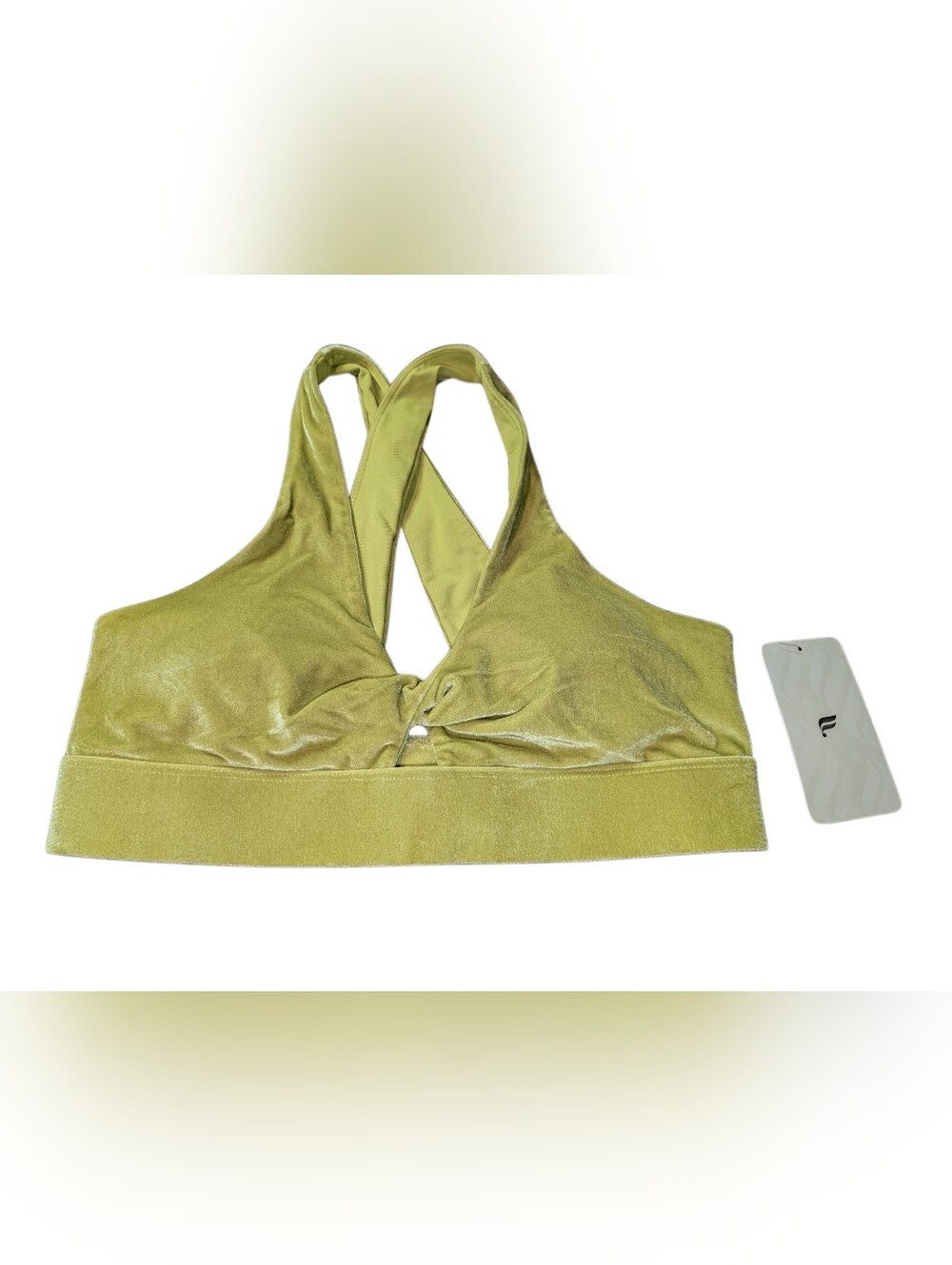 Fabletics Light Olive Velvet Sports Bra with Crisscross Back
